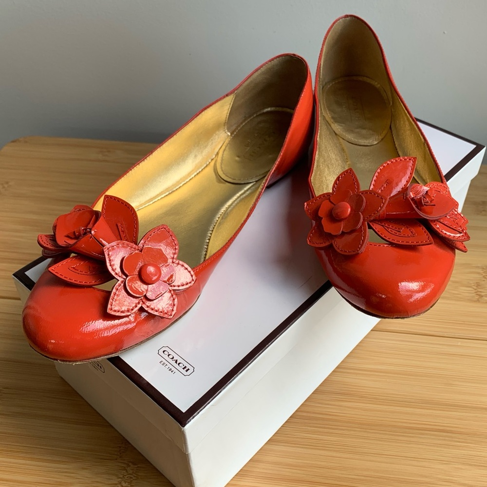 Coach Chrisann Floral Bold Vermillion Red Soft Patent Leather Flats 8.5 B